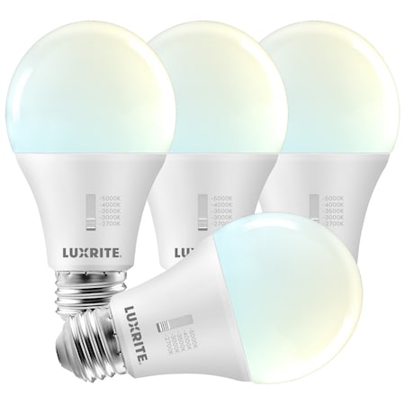 Luxrite A19 LED Light Bulbs 15W 100W Equivalent 1600LM 5CCT 2700K-5000K Dimmable E26 Base, 4PK LR21479-4PK